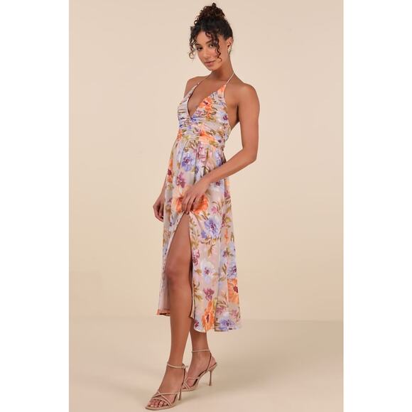 NWT Lulus Danelle Taupe Floral Halter A-Line Midi Dress Wedding Bridesmaid Sz L - Picture 1 of 6